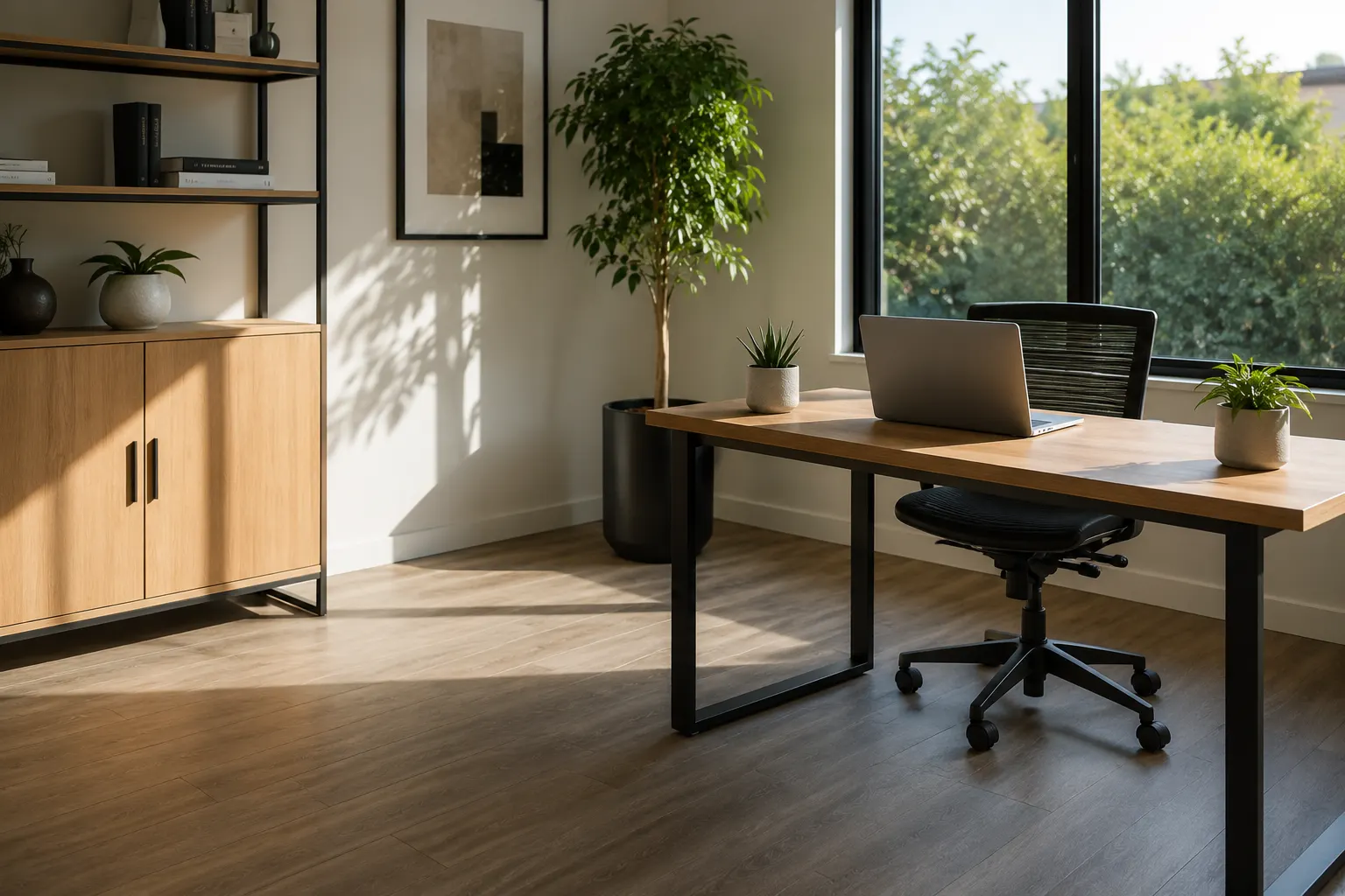 A calm, tidy workspace with clear surfaces and clean flooring