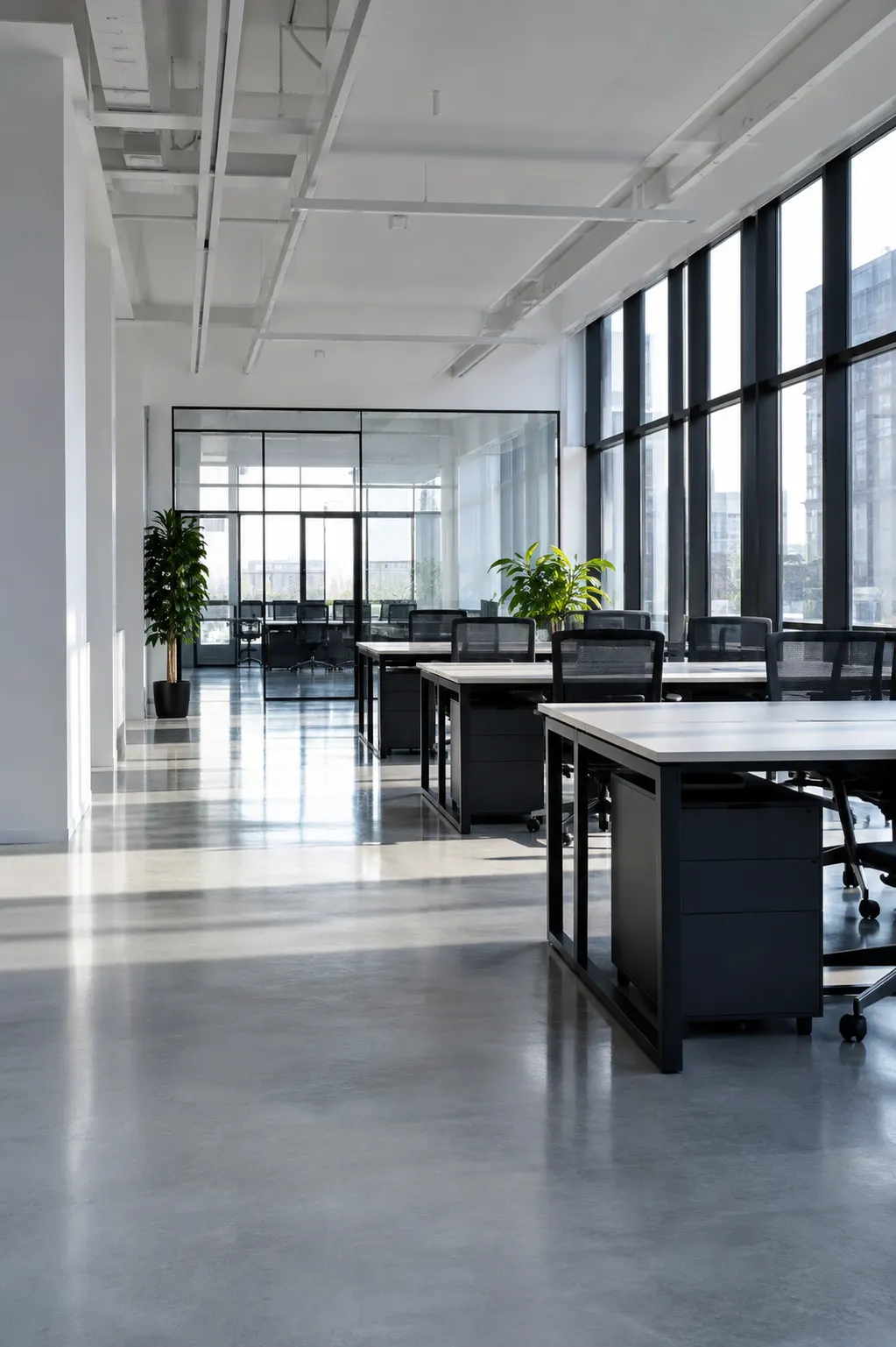 A bright commercial lobby with floor-to-ceiling glass and a polished concrete floor at sunset